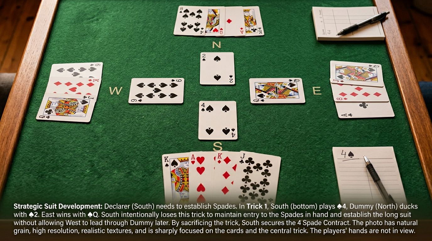 Master the art of ducking in bridge declarer play. Learn when to intentionally lose tricks early, including hold-up p...