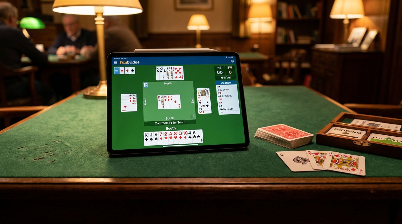 How to use Funbridge for bridge practice on phone and tablet. Tournament formats, robot opponents, scoring system, le...