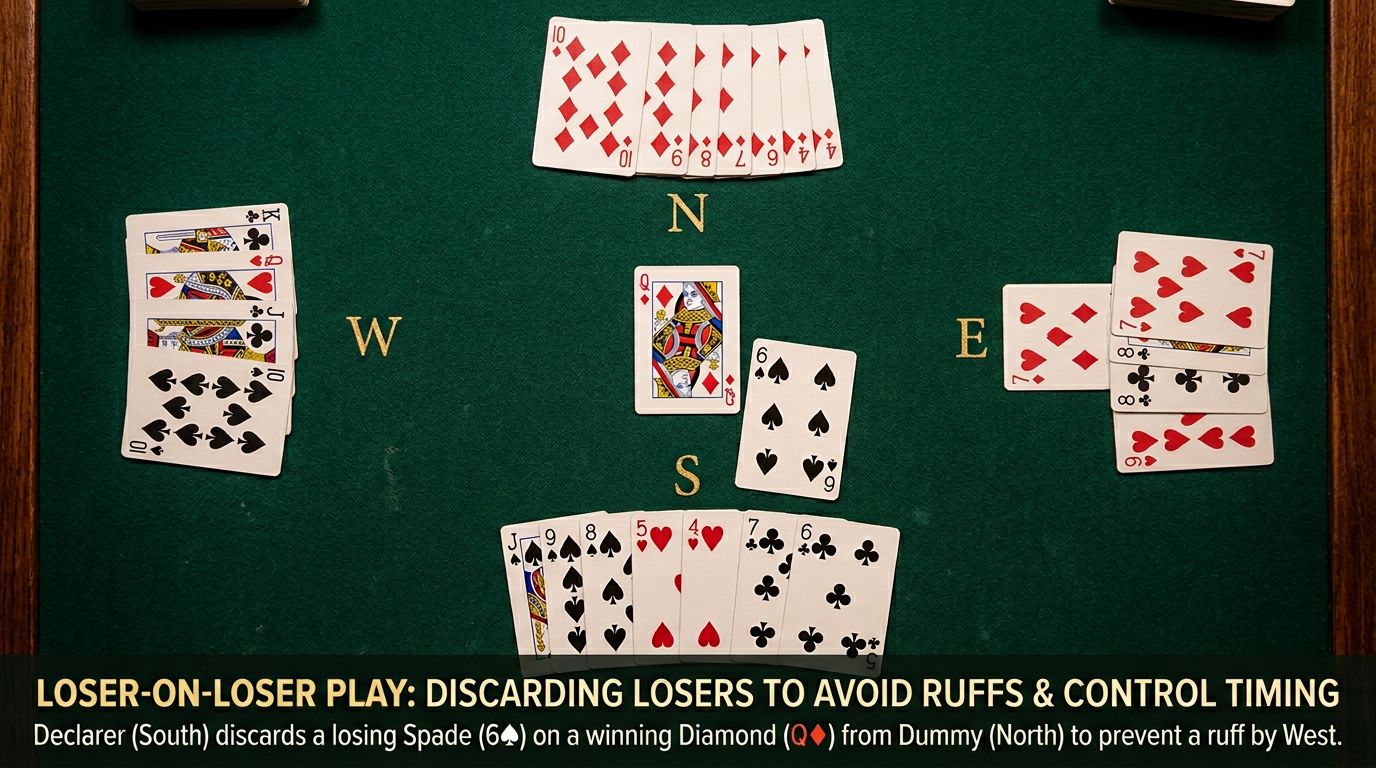 Master loser-on-loser technique in bridge. Learn when to discard one loser on another to avoid ruffs, control timing,...