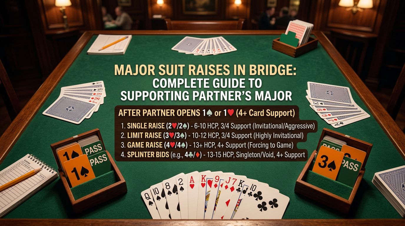Complete guide to raising major suits: single raises, limit raises, game raises, splinters. Learn which raise to choo...