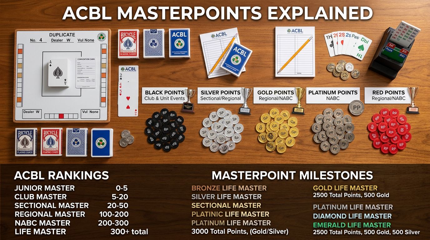 Complete guide to ACBL masterpoints: types of points (black, silver, gold, platinum, red), how to earn them, what pig...