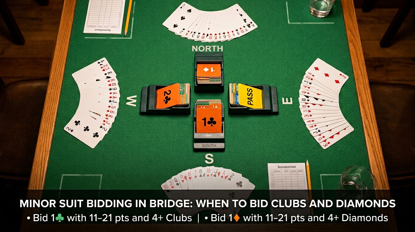 Master bridge minor suit bidding with our comprehensive guide covering 1♣ and 1♦ openings, responses, inverted minors...