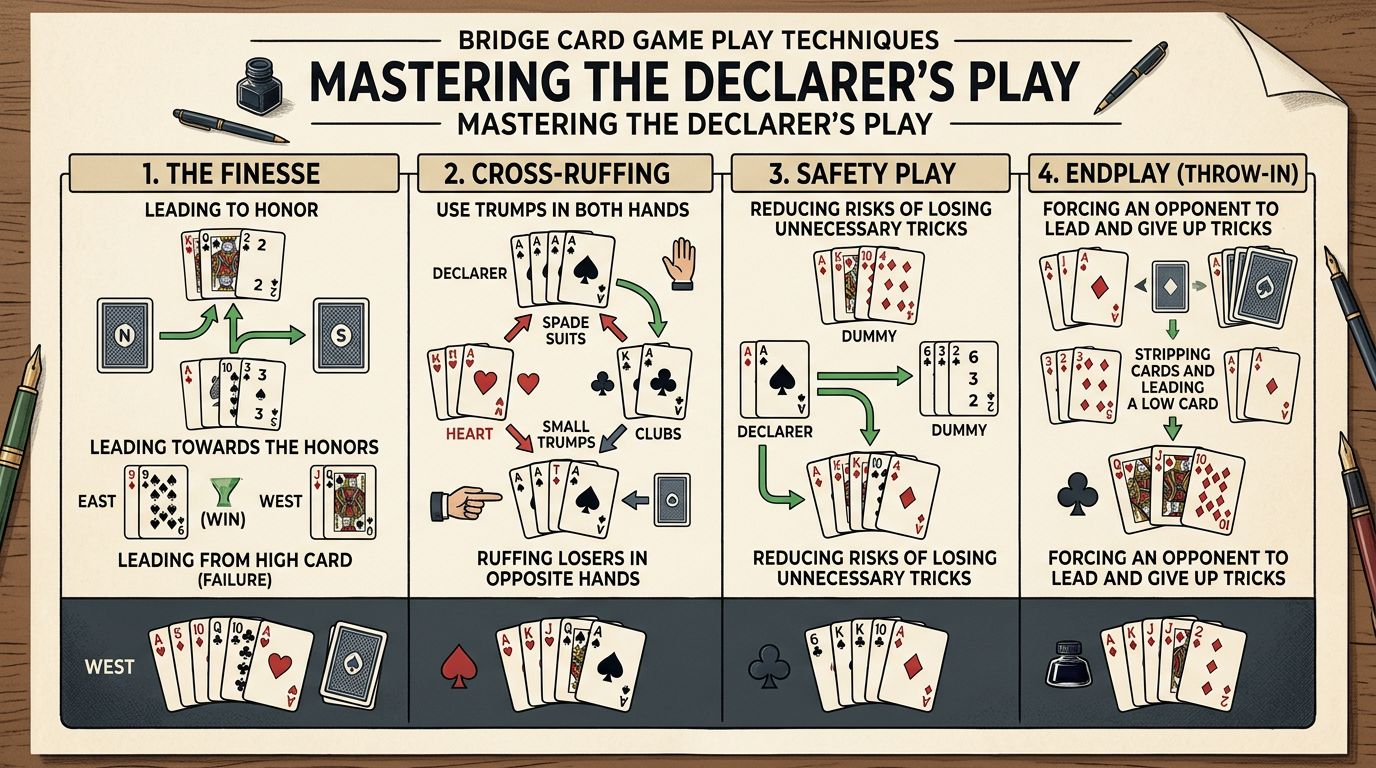Complete glossary of declarer play terminology - finesses, squeezes, endplays, card combinations, and techniques to m...