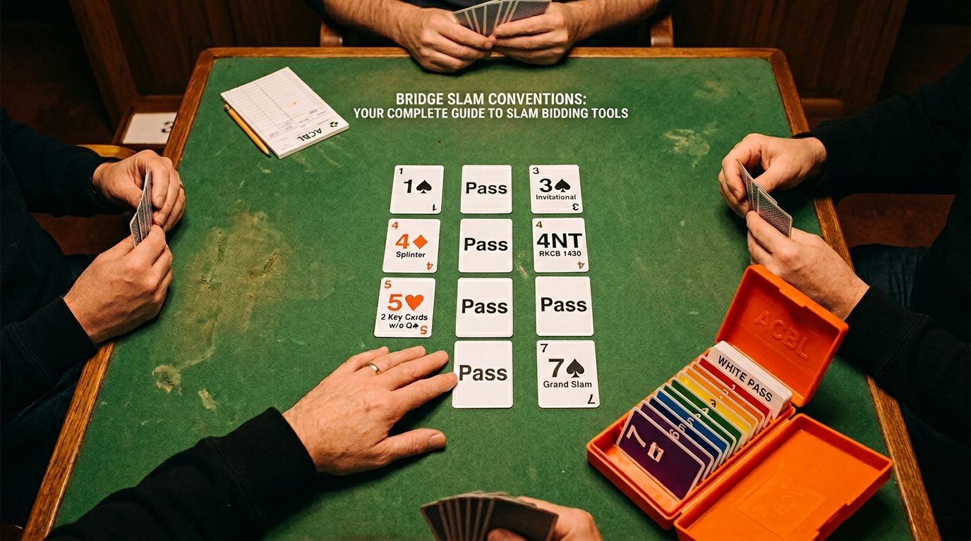 Master bridge slam conventions including Blackwood, Roman Key Card, Gerber, and cue bidding. Learn when to use each t...