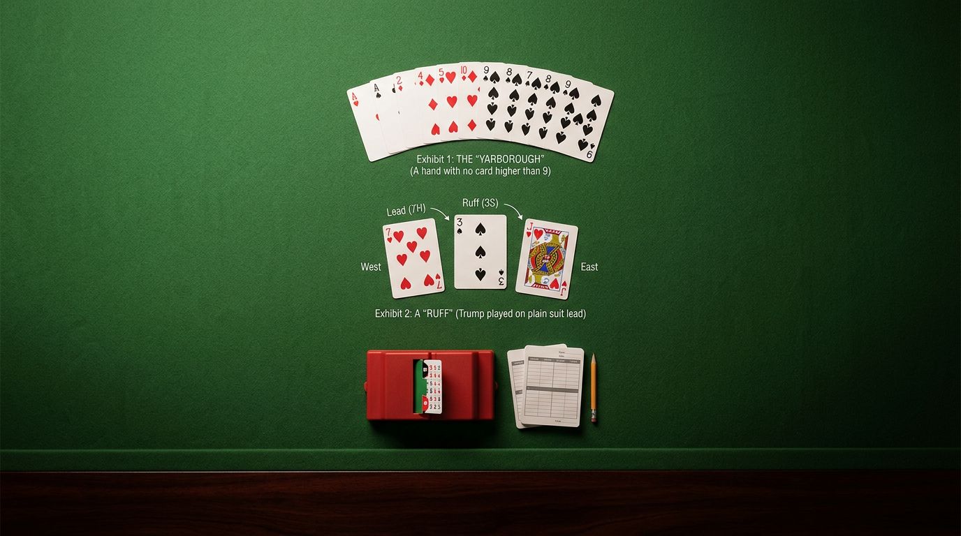 The fun glossary - bridge slang, jargon, and colorful expressions. Yarborough, stiff king, Moysian fit, coffin, beer ...