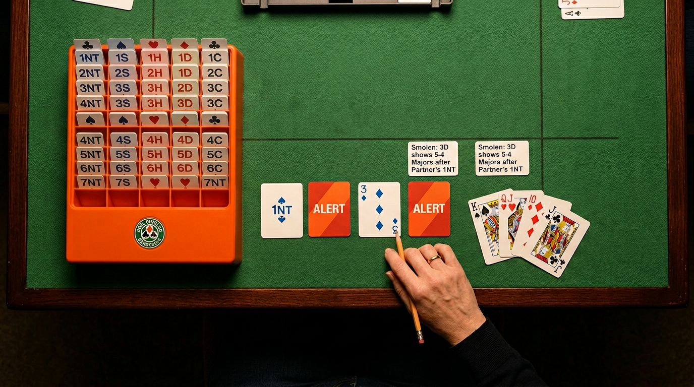 Bridge strategy illustration for smolen transfer: show 5-4 in majors after stayman (comple...