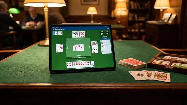 How to use Funbridge for bridge practice on phone and tablet. Tournament formats, robot opponents, scoring system, le...