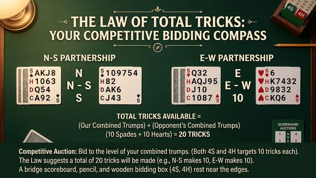 Bridge strategy illustration for law of total tricks: tricks = trumps