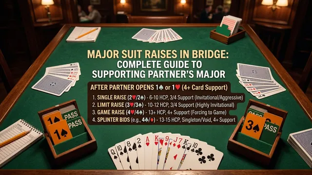 Complete guide to raising major suits: single raises, limit raises, game raises, splinters. Learn which raise to choo...