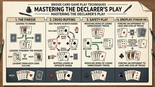 Complete glossary of declarer play terminology - finesses, squeezes, endplays, card combinations, and techniques to m...