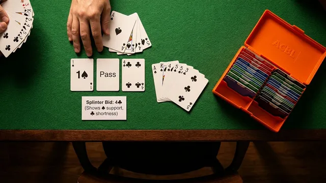 Learn splinter bids: unusual jump showing 4+ support, game-forcing values, and singleton/void. Helps partner evaluate...