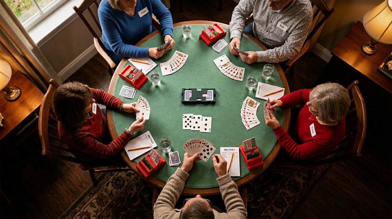 Nervous about your first bridge tournament? Here's exactly what happens at a duplicate game: procedures, scoring, tab...